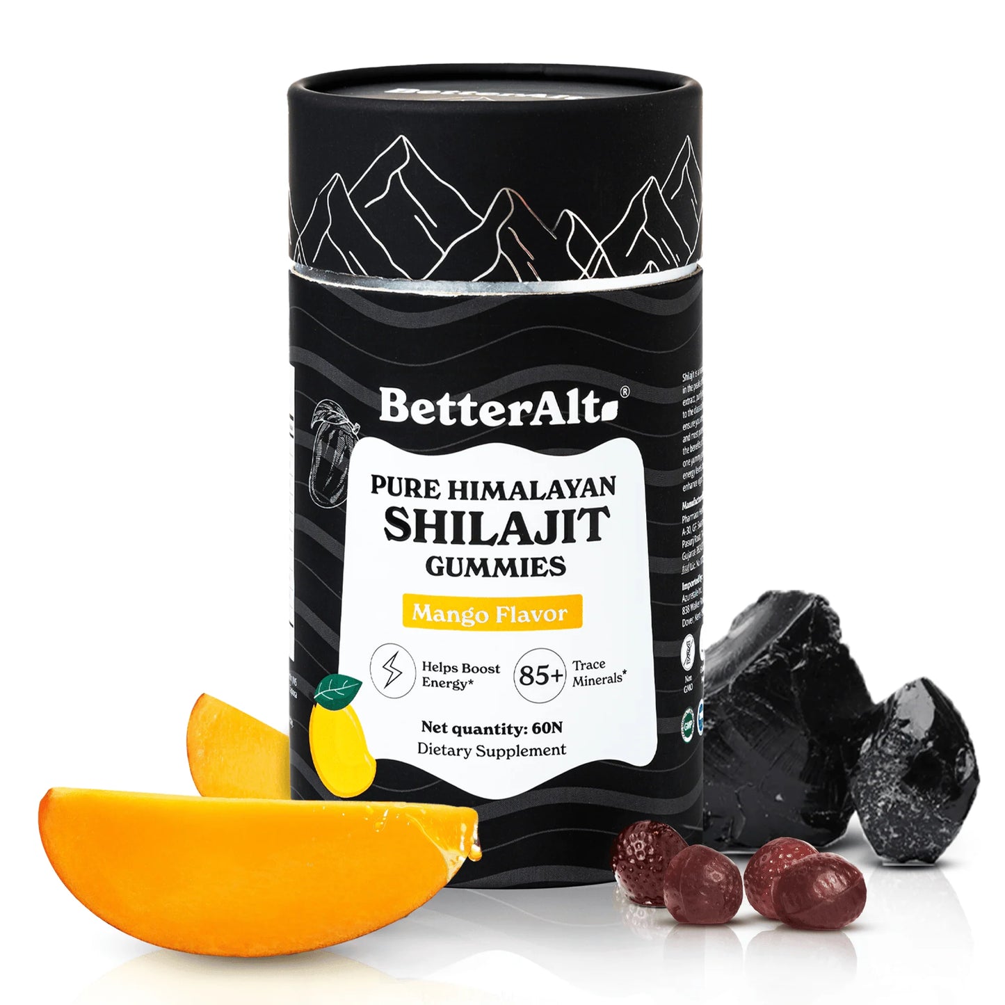Betteralt Himalayan Pure Shilajit Gummies - 85+ Trace Minerals For Energy & Immunity Mango - 60 Gummies