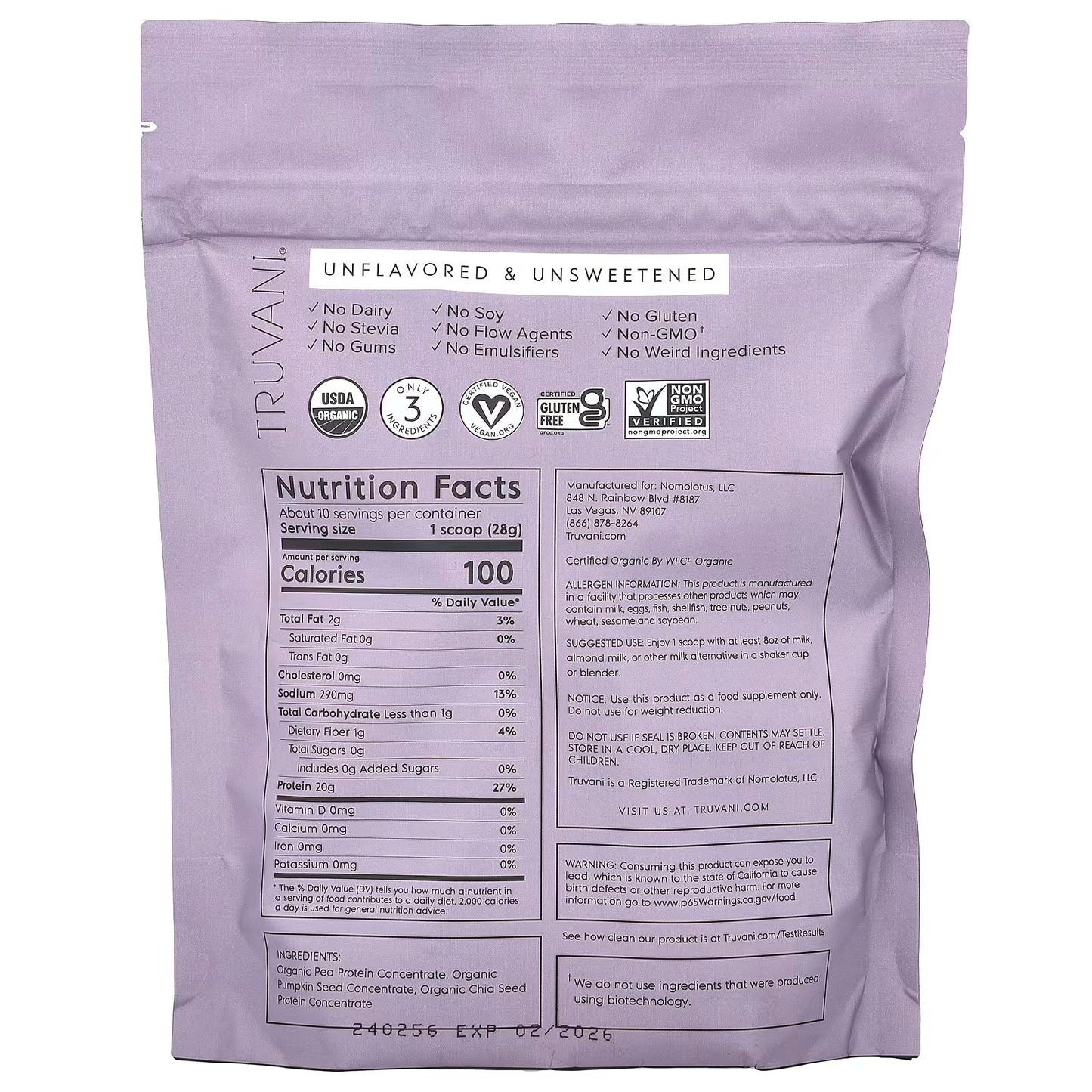 Truvani Unflavored Plant Protein Powder - 10 Servings