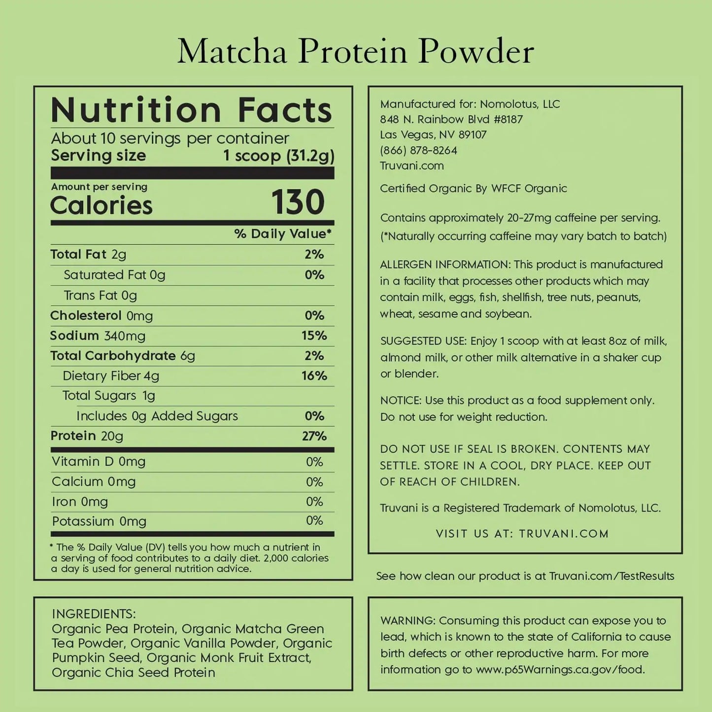 Truvani Matcha Plant Protein Powder - 10 Servings
