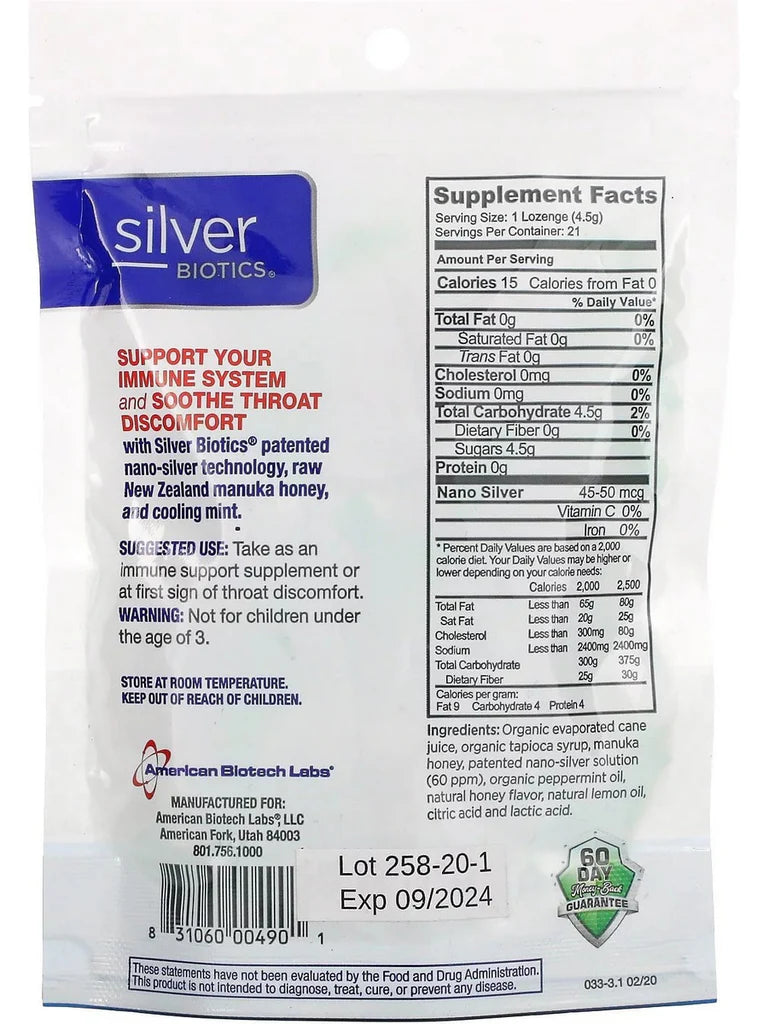 Silver Biotics Silver Lozenge with Manuka Honey 21 Lozenges